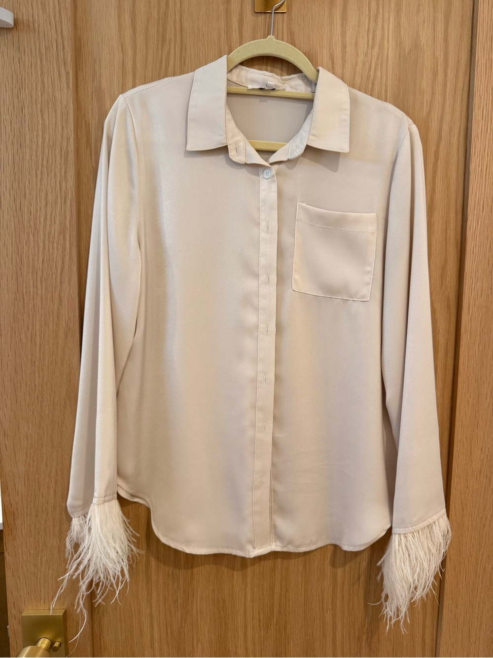 Satin Cream Feather-Cuff Button-Up Blouse